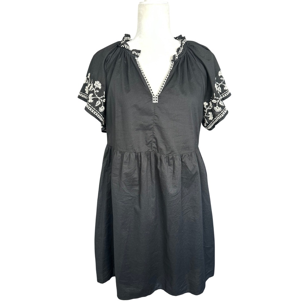 Old Navy Embroidered Babydoll Mini Dress Womens Small Black Boho Cottagecore - Picture 2 of 10